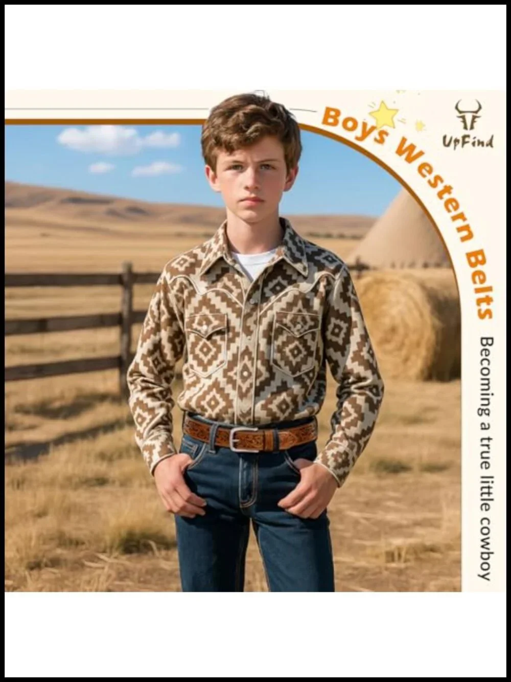 Boys Western Leather Belt with Pin Buckle, Engraved Cowboy Belt for School,